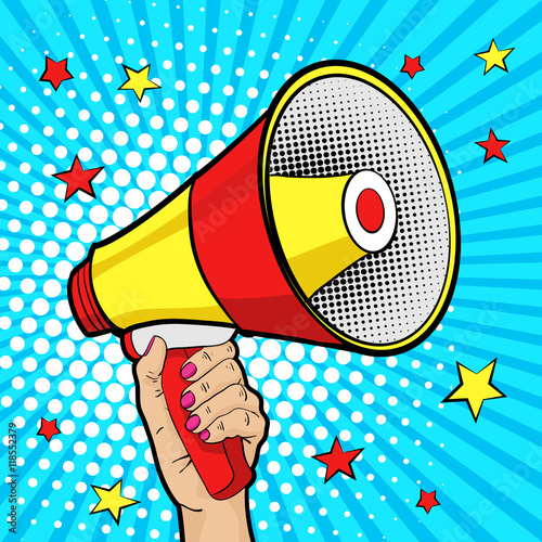Female hand with megaphone with stars. Vector background in comic retro pop art style.