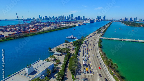 Traffic along MacArthur Causeway, aerial view of Miami