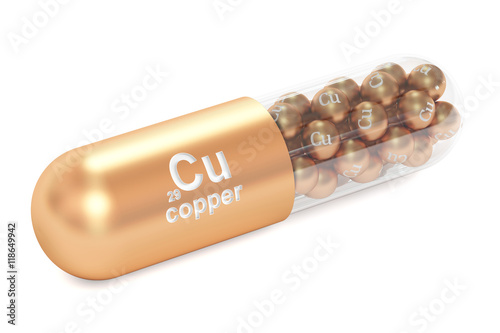 Capsule with copper Cu element Dietary supplement, 3D rendering