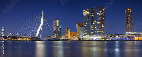 Rotterdam Panorama. Panoramic image of Rotterdam, Netherlands during twilight blue hour.