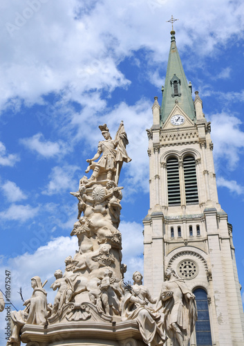 Sculpture of St Florian in front of Church of the Assumption of Virgin Mary (Blumental church) in Bratislava, Slovakia.