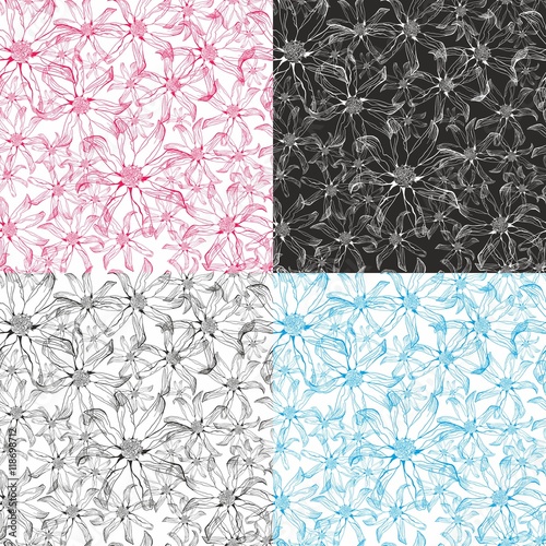 4 Seamless floral bright pattern. Large pink flowers