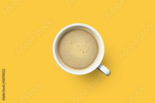 hot coffee in white cup on color background