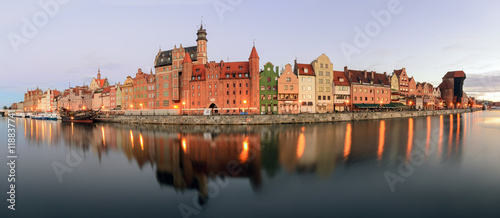 Panorama of riverside with the characteristic promenade of Gdansk, Poland.