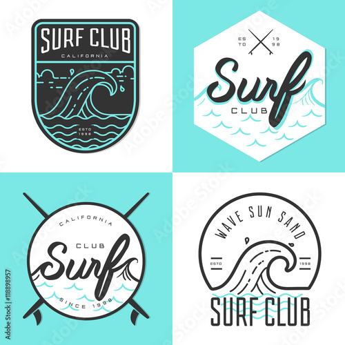 Set of logo, badges, banners, emblem and elements for surf club. Vector illustration