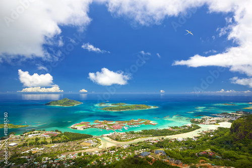 Scenic aerial view of Mahe coastline, Seychelles