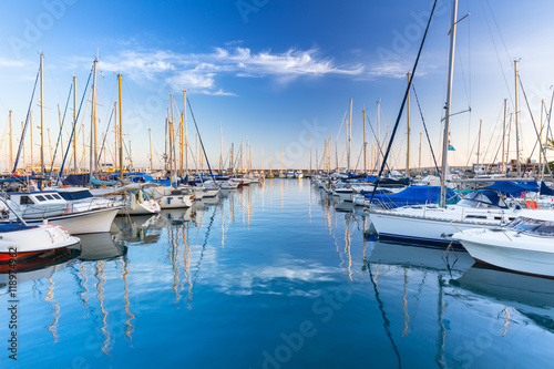 Marina with yachts in Puerto de Mogan, a small fishing port on Gran Canaria, Spain.