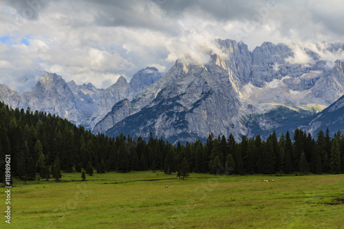 View of the Dolomites mountains. Misurina, Auronzo di Cadore, Italy. 