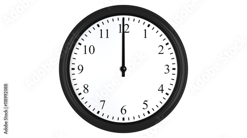 Realistic 3D render of a wall clock set at 12 o'clock, isolated on a white background.