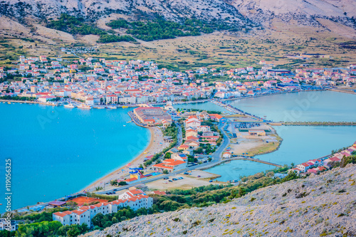 Aerial cityscape Pag Croatia. / Aerial view on town Pag in Croatia, summertime.