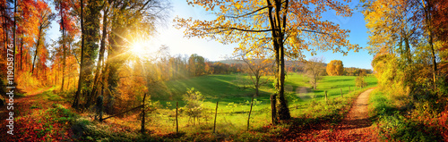 Zauberhafte Landschaft im Herbst: sonniges Panorama von ländlicher Idylle