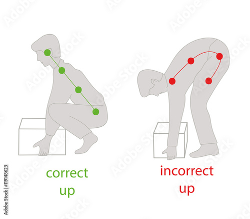 Correct posture to lift a heavy object safely. Illustration of health care. vector illustration