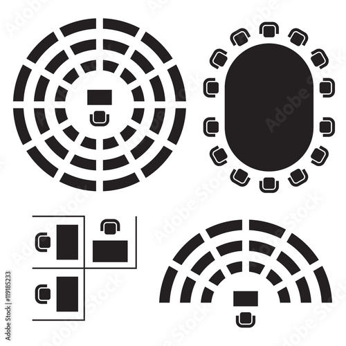 Business, education and government furniture symbols used in architecture plans icons set, top view, graphic design elements, black isolated on white background, vector illustration.