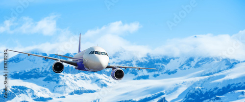 Airplane with background of snow mountain, exploration conceptua
