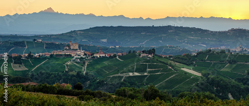 Serralunga d'Alba (Le Langhe) at sunset with Monviso in the background
