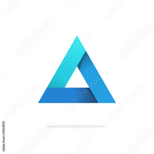 Triangle logo with strict strong corners vector isolated on white background, blue prism pyramid geometric 3d gradient glossy abstract triangle logotype element with shadow creative figure design