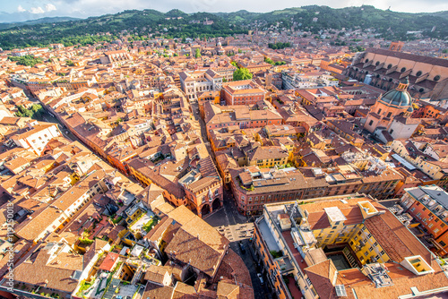 Aerial cityscape view from the tower on Bologna old town