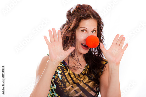 classy mature woman with red clown nose