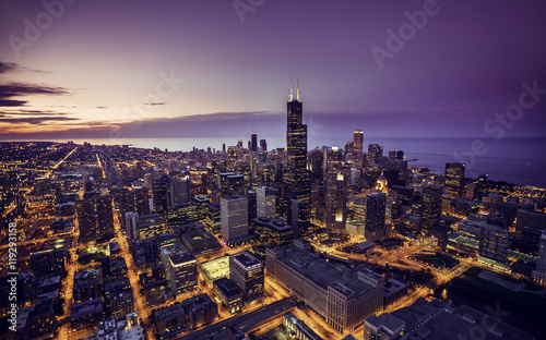 Chicago skyline aerial view at dusk
