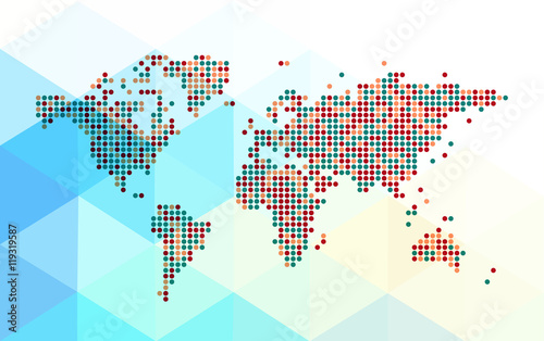 Abstract dotted world map on a polygonal background. Editable vector