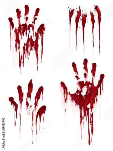 Bloody hand print isolated on white background. Horror scary blood dirty handprint and fingerprint vector illustration