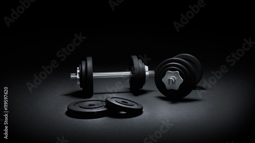 3D render of gym weights in the dark, with strong rim lighting dramatic effect