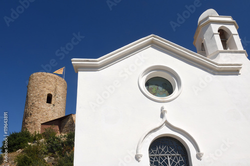 Church and Sant Joan Castle in the town of Blanes, Costa Brava,