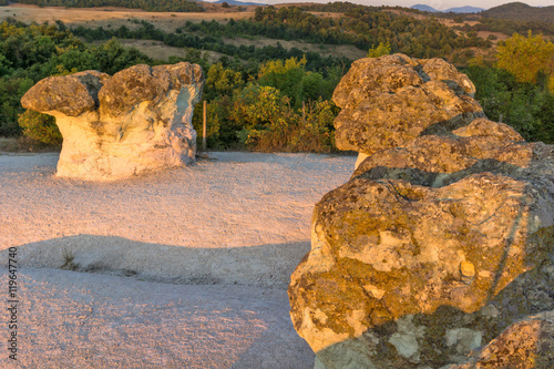 Sunrise Panorama of rock formation The Stone Mushrooms, Kardzhali Region, Bulgaria