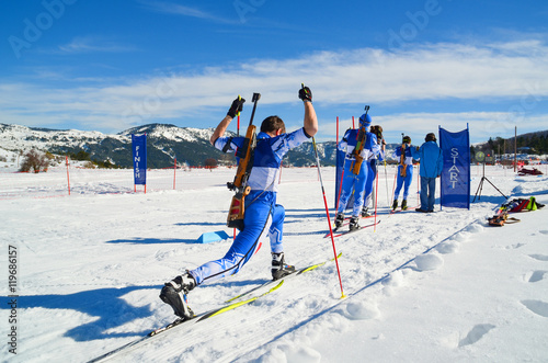 ski biathlon athletes in start line waiting, Metsovo Ioannina Greece