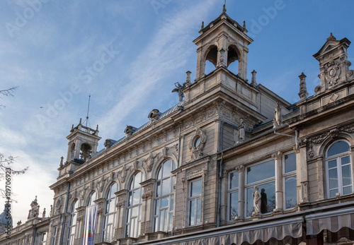 Fragment of old building facade with rich decoration in Ruse, Bulgaria. The Opera is historical baroque building, built in 1902