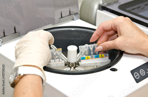 Placing the tubes in a laboratory centrifuge for research