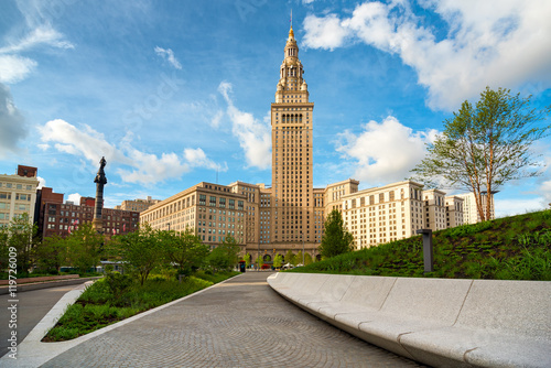 Cleveland's Terminal Tower rises above the newly renovated Public Square
