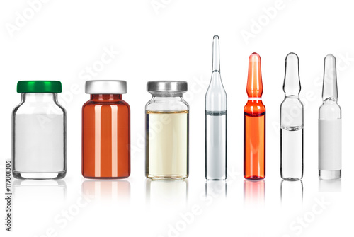 set of different medical ampoules on white background