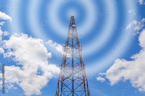 Communication tower, mobile radio signal visualisation, cell site, cell tower, cellular telephone site antenna or aerial waves. Electronic communications equipment, for wireless transceivers.