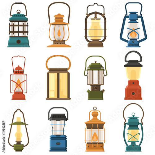 Vintage camping lantern set isolated on white background. Different oil lamp collection. Modern and retro lanterns vector illustration. Various handle gas lamps for tourist hiking.