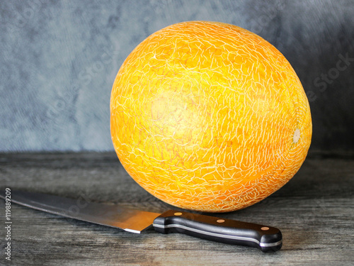 the whole yellow melon and knife on a gray background