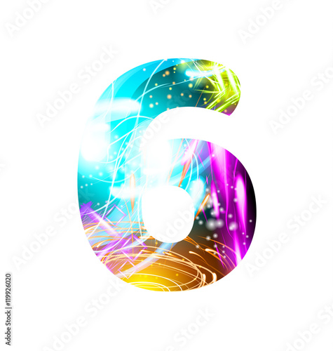 Glowing Light effect neon Font. Color Design Text Symbols. Shiny number 6