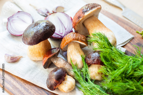 Cooking soup-delicious porcini mushrooms on wooden background. B