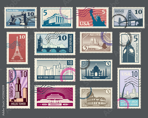 Travel, vacation, postage stamp with architecture and world landmarks