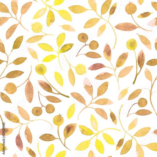 floral seamless pattern with yellow branches and berries.watercolor hand drawn illustration.white background.
