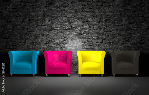 3D CMYK chairs and stone wall