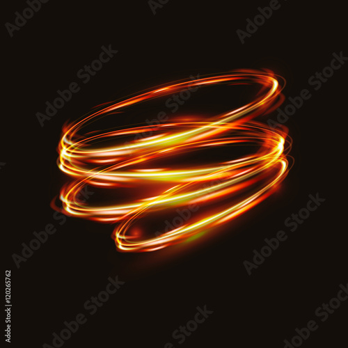 Fire blurry circles at motion . Vector swirl trail effect . Abstract luminous rings slow shutter speed . Light painting . Bokeh glitter round shapes . lights exposure time
