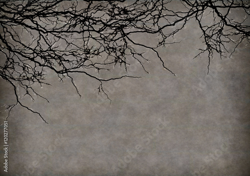 A halloween background of mottled brown and grey with tree branches