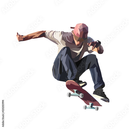Skateboarder doing a jumping trick, low poly vector illustration