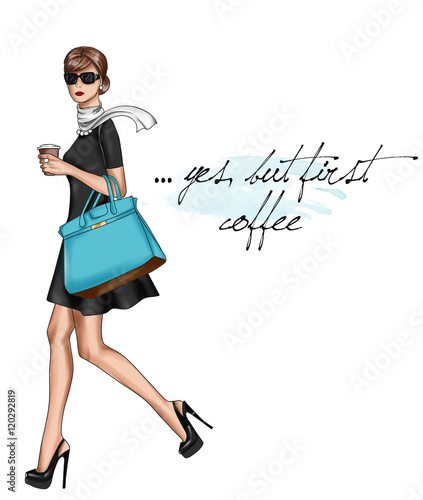 iLLUSTRATION OF A GIRL WALKING WITH A CUP OF COFFEE