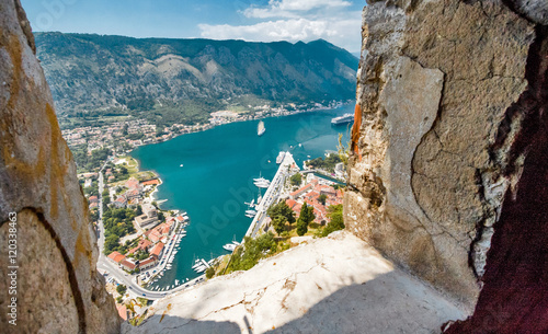 Travel and vacation in Montenegro. The fortress wall in the city of Kotor on Boca Kotorska