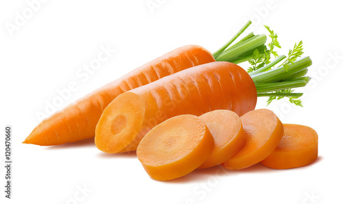 Fresh carrot and cut pieces isolated on white background as package design element