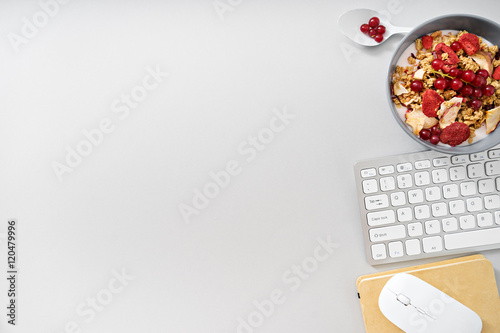 image of workplace with bowl with muesli