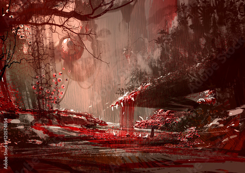 bloodyland,horror landscape, illustration,digital paintng