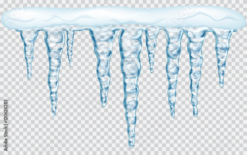 Hanging icicles with snow on transparent background. Transparency only in vector file